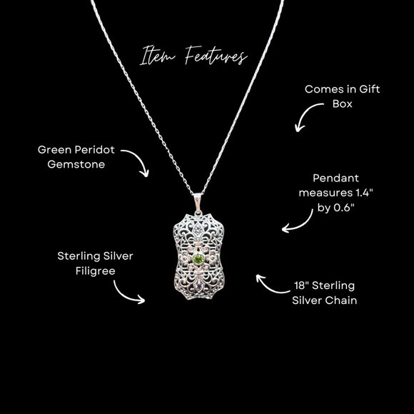 Sterling Silver Green Peridot Filigree Pendant Art Deco on 925 Silver Chain - Picture 7 of 7